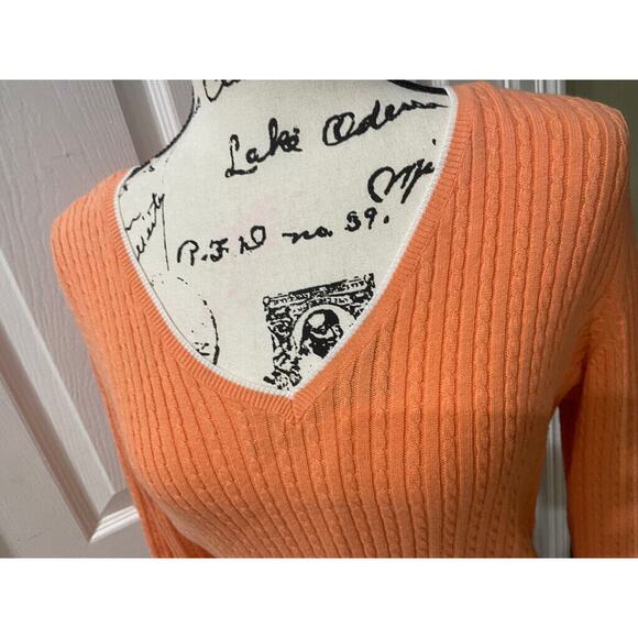 RALPH LAUREN CABLE KNIT SWEATER 100% COTTON V NECK SZ M CORAL/WHITE AESTHETIC - Picture 15 of 16